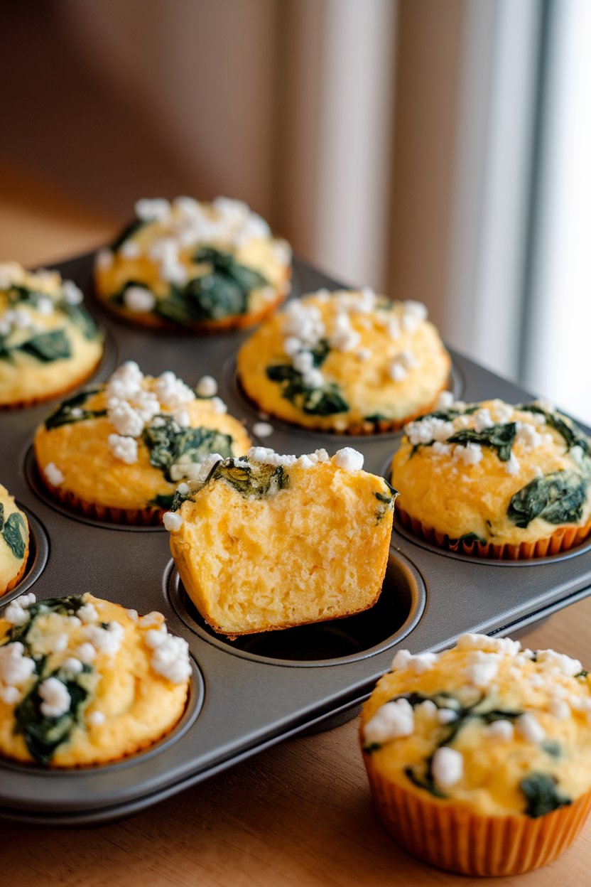Photo prompt: Warmly lit indoor table with a muffin tin holding golden baked egg muffins dotted with green spinach and white feta crumbles, one muffin cut open to show fluffy interior. No text or logos present.
