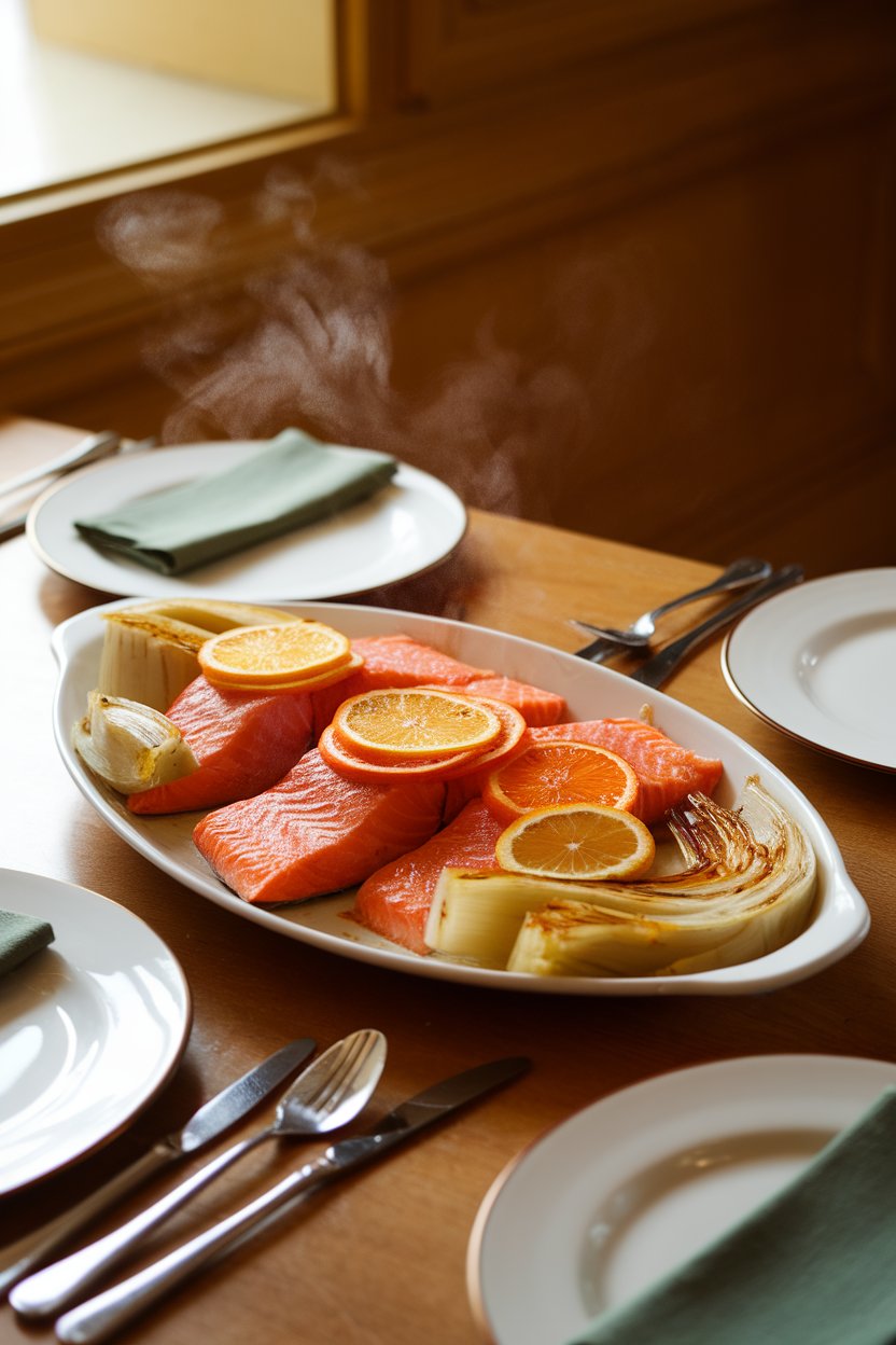 An indoor dining table under warm lighting featuring a white platter of cooked salmon fillets topped with thin orange and lemon slices alongside caramelized fennel wedges; steam gently rising, no text or logos visible.
