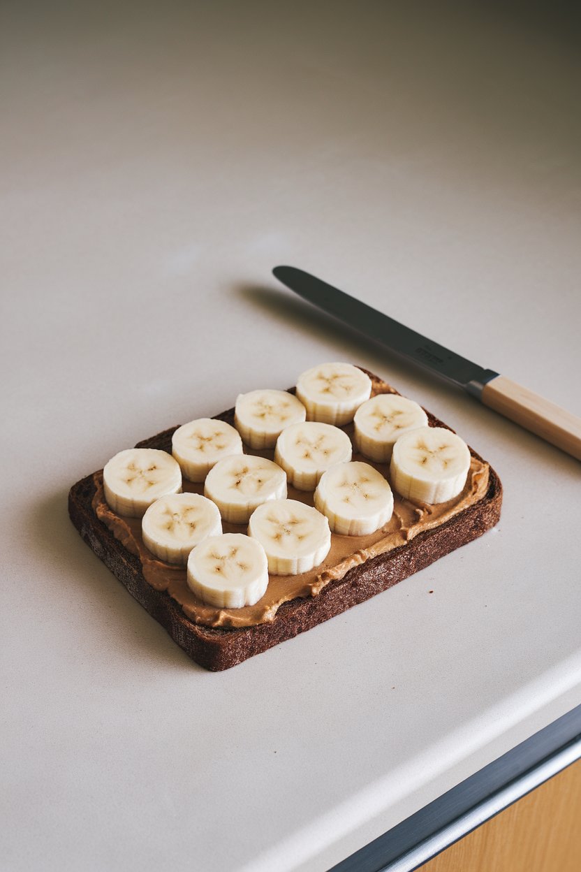 Indoor countertop displaying a slice of dark rye bread spread with peanut butter and neatly arranged banana coins, small butter knife resting alongside. No text or logos, photo not illustration.