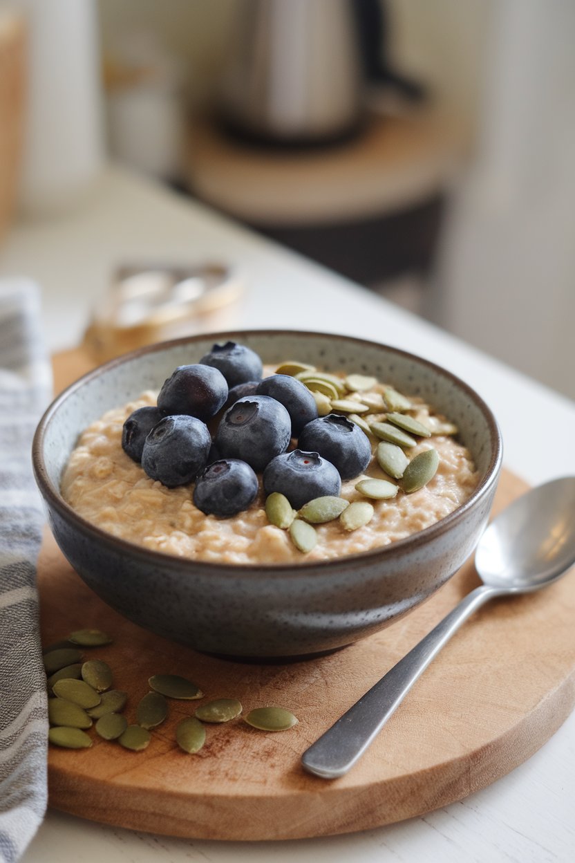Photo of a warm bowl of steel-cut oats topped with fresh blueberries and green pumpkin seeds indoors; no text or logos present.