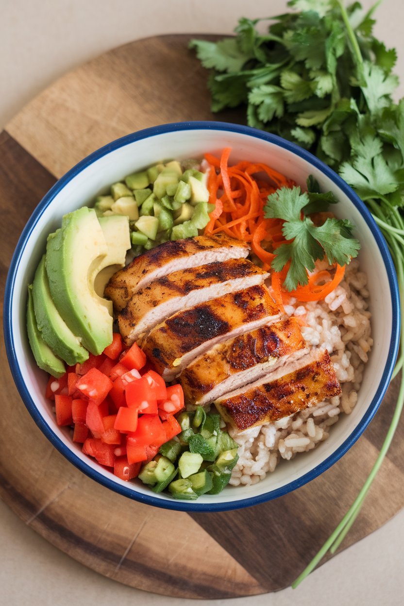 An indoor setting with a balanced macro bowl containing brown rice, grilled chicken, avocado, and colorful veggies; no logos. Photo only.