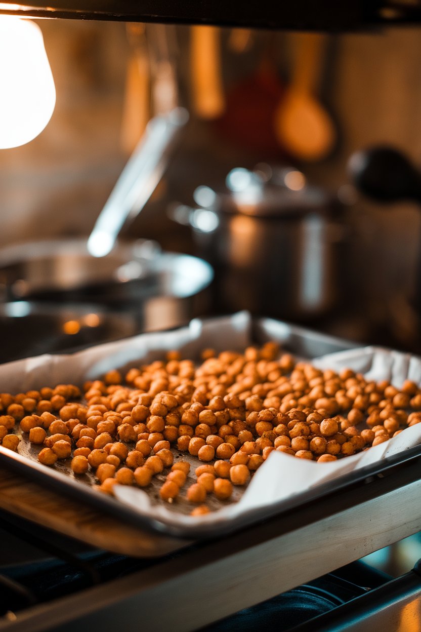 Indoor photo of a baking tray filled with golden roasted chickpeas sprinkled with cumin; warm oven light, no text or logos