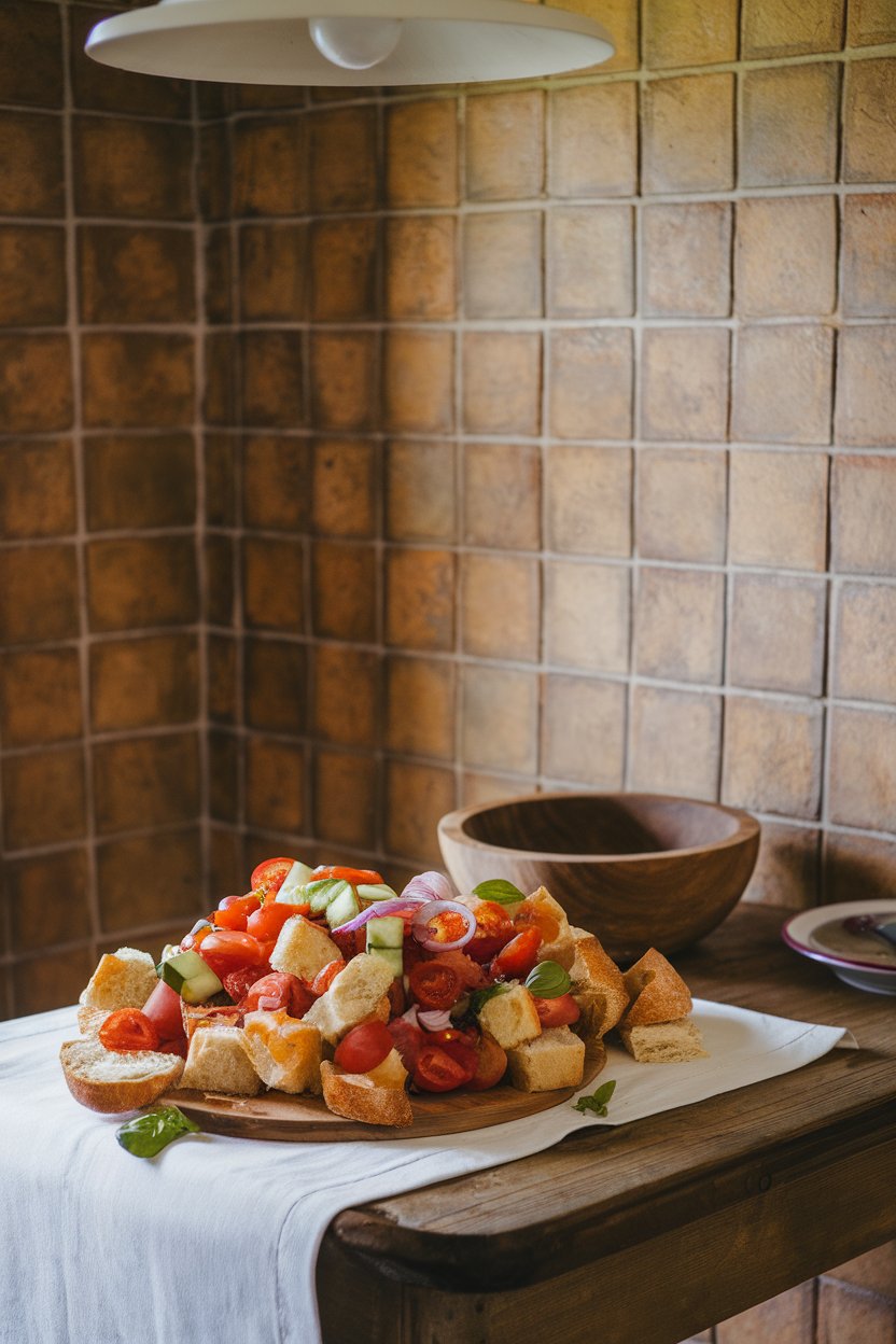 Indoor Tuscan kitchen scene featuring chunks of crusty bread tossed with juicy tomatoes, cucumber, red onion, basil, and olive oil. Photo only, no text or logos.
