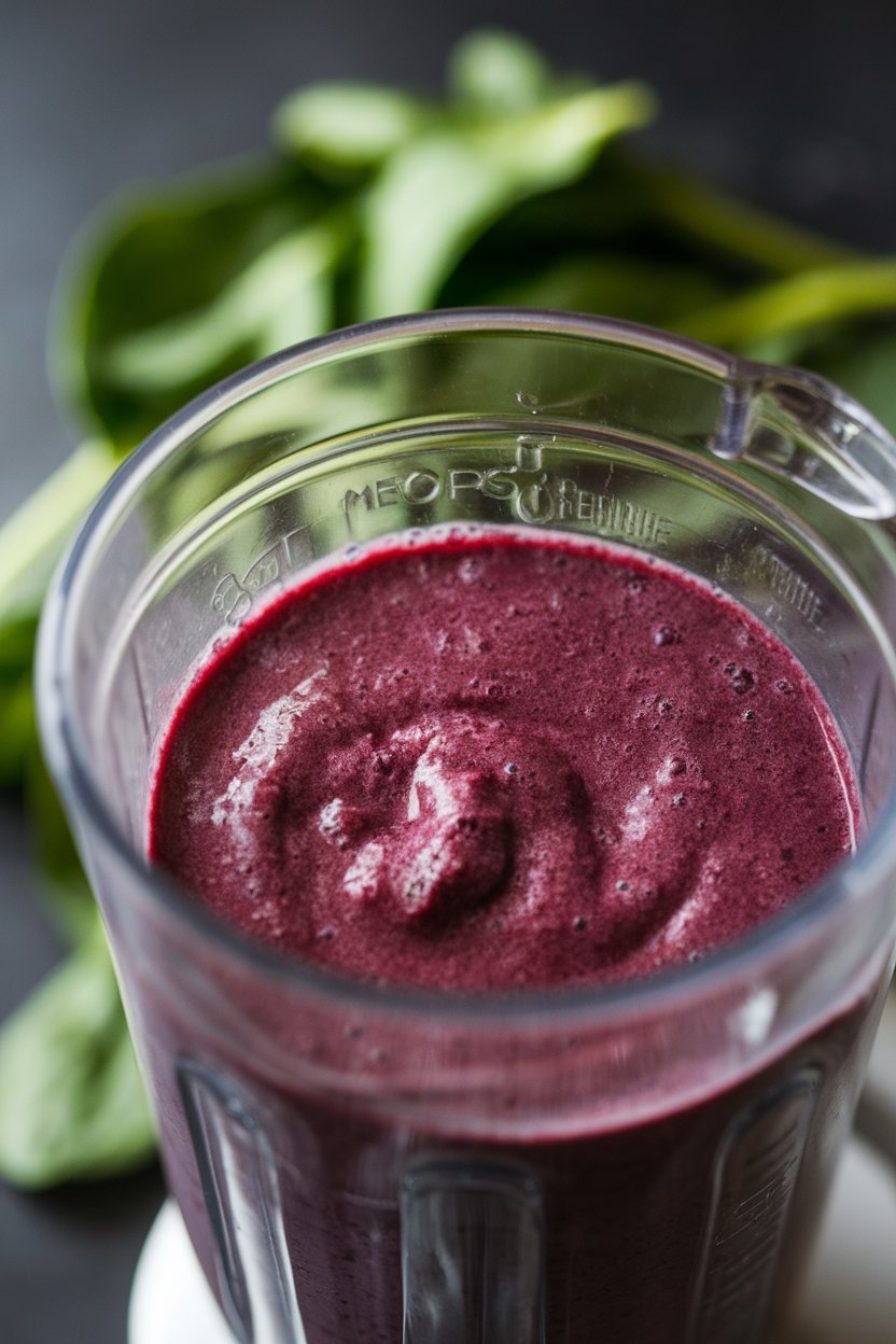 Indoor blender cup filled with a deep purple smoothie and spinach leaves in the background—no text or logos.