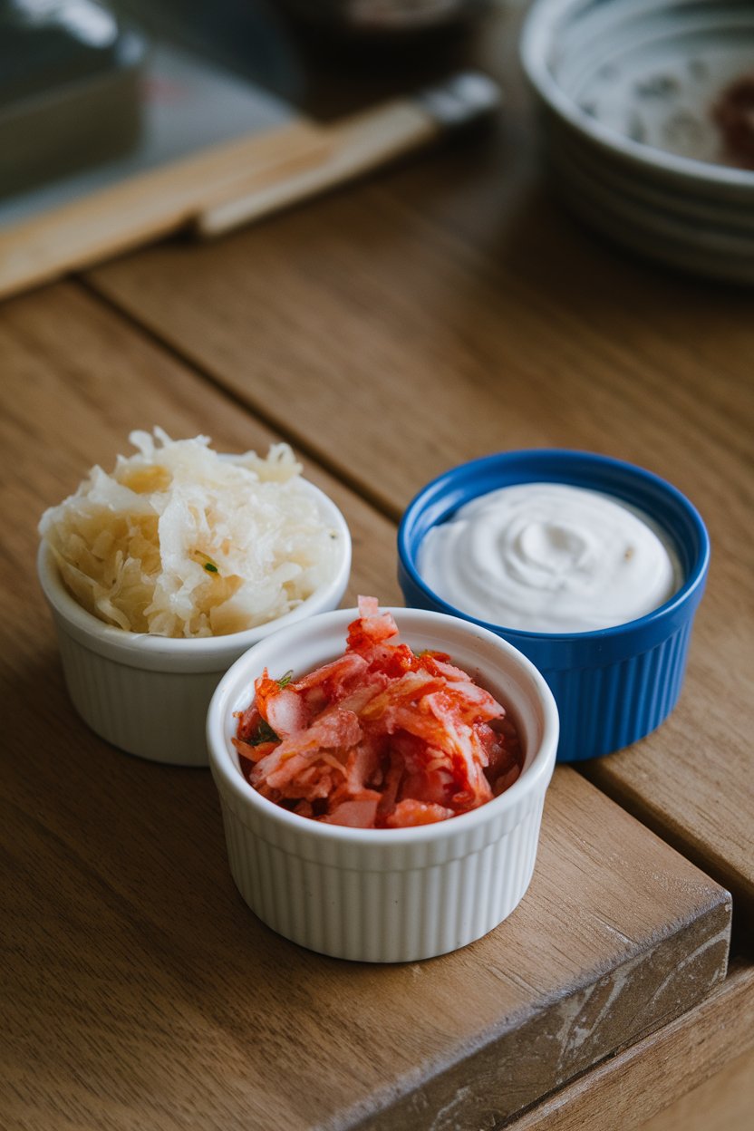 Photo — Small indoor ramekins of sauerkraut, kimchi, and plain yogurt arranged on a wooden table. No text or logos.