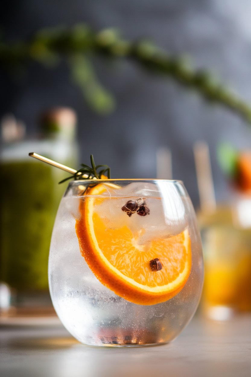 An indoor rocks glass of golden saffron G&T, thin orange slice and juniper berries floating. No logos visible.