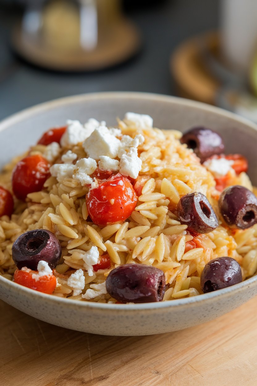 Indoor bowl of cooked orzo tossed with cherry tomatoes, olives, and feta. No logos or text visible.