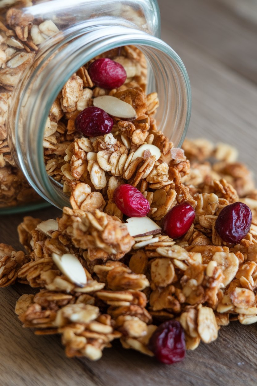 Photo of an indoor jar spilling chunky granola clusters with visible cranberries and almond slices, no text or logos.