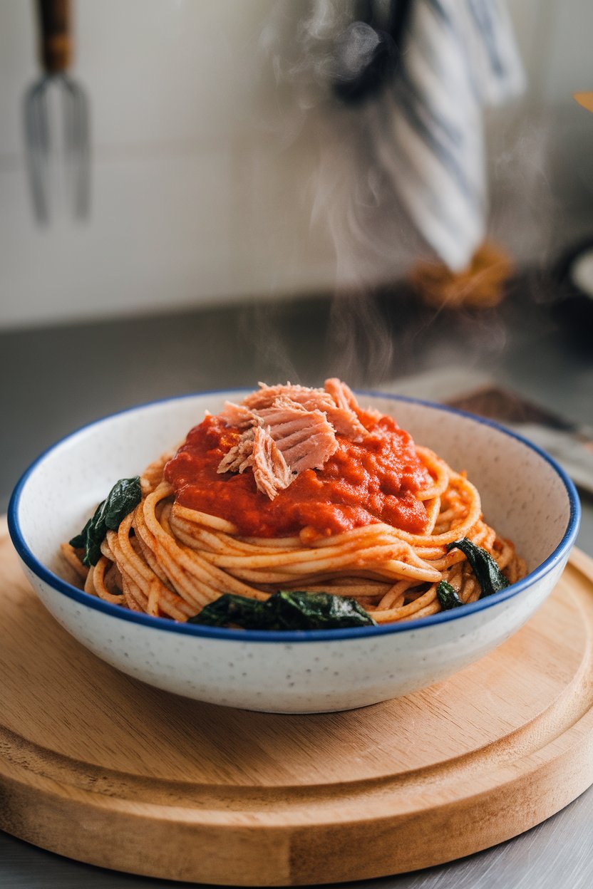 Bowl of whole-wheat spaghetti tossed with marinara, tuna flakes, and wilted spinach; indoor, steam visible, no text or branding.