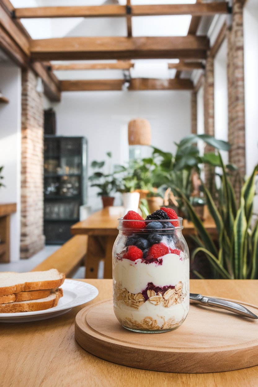 Indoor breakfast nook showing a clear glass jar layered with creamy yogurt, mixed berries, and toasted oats—bright morning light, no text or logos.