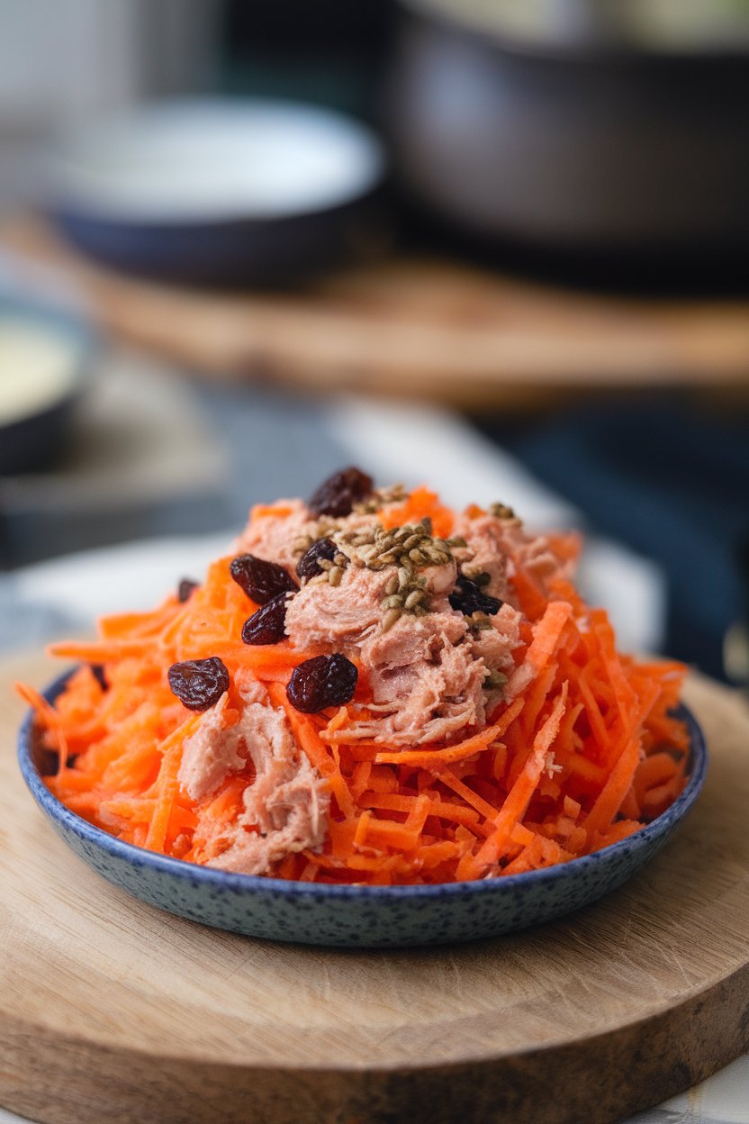 Shallow dish of grated carrots tossed with tuna, raisins, and cumin seeds, indoor, no text or logos.