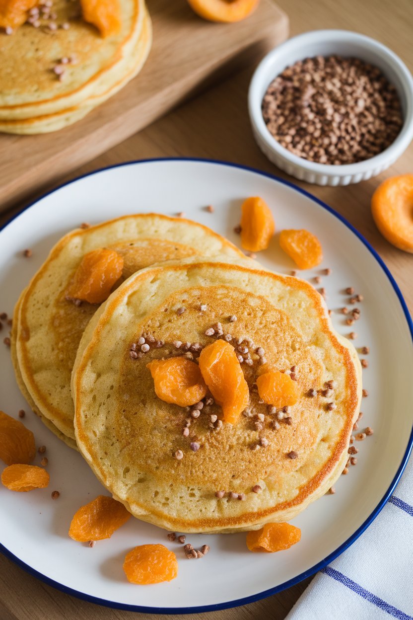 Indoor breakfast plate displaying golden pancakes dotted with dried apricot bits, sprinkle of puffed amaranth; photo only.