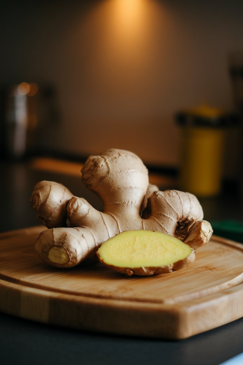 Photo of a knob of fresh ginger with a slice cut to show the interior, indoor countertop, warm light, no text or logos