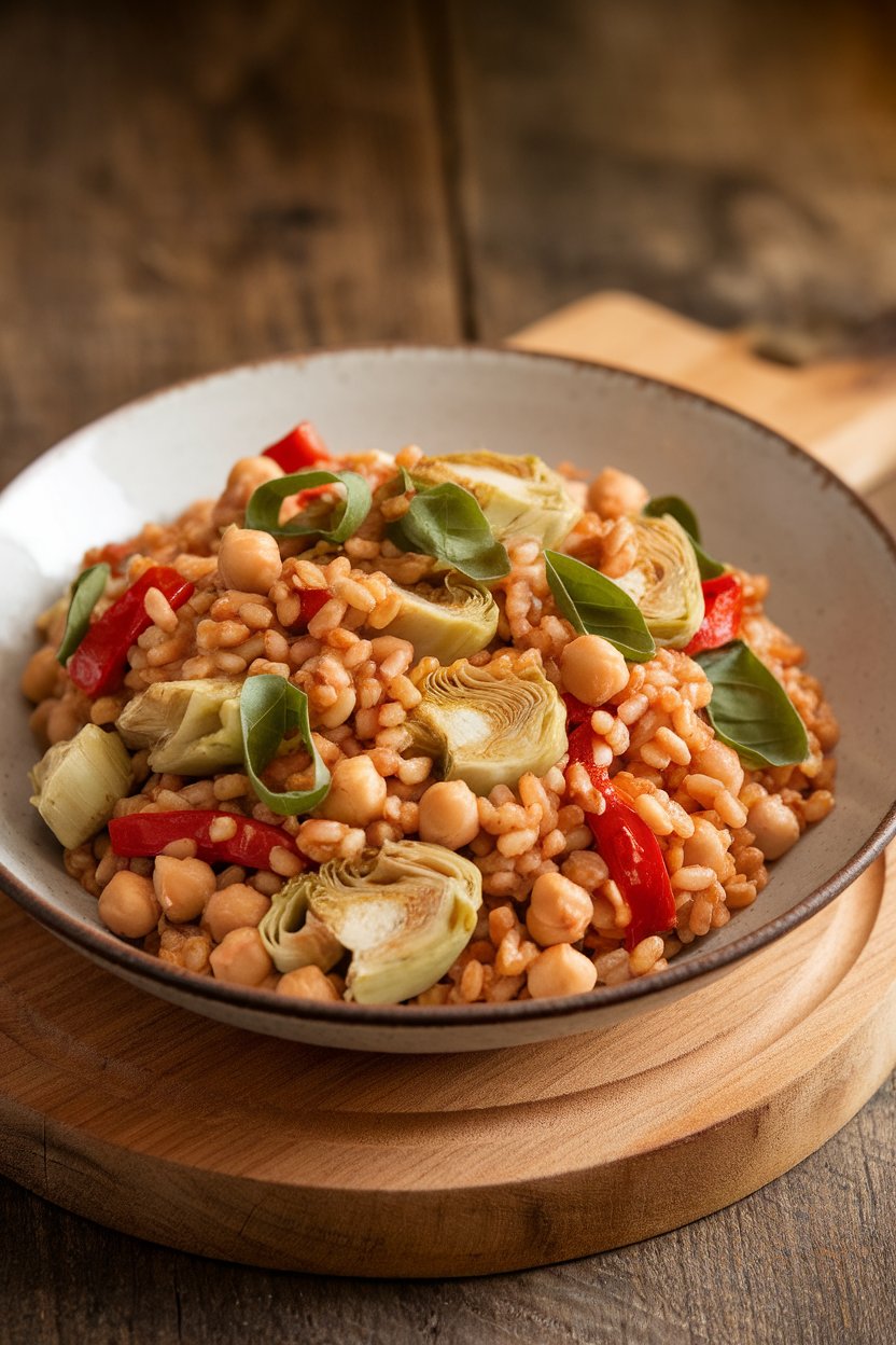 Indoor image of farro tossed with artichoke hearts, roasted red peppers, chickpeas, and basil ribbons. No text or logos.