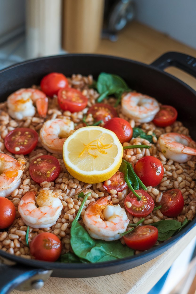 Indoor skillet containing farro mixed with cherry tomatoes, spinach, and sautéed shrimp, garnished with lemon zest. No text or logos; photo.