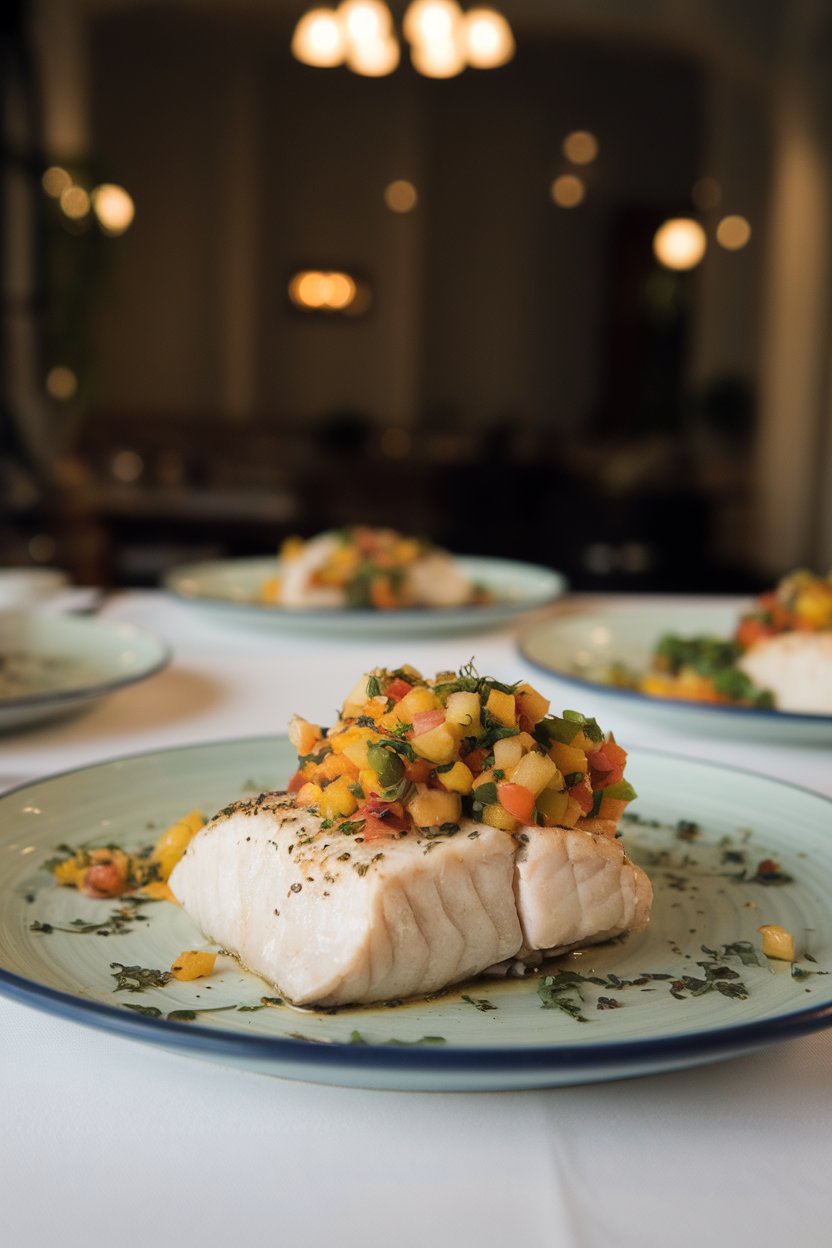 An indoor dining plate featuring a flaky cooked cod fillet topped with colorful citrus salsa, herbs sprinkled across. No text or logos present. Photo.