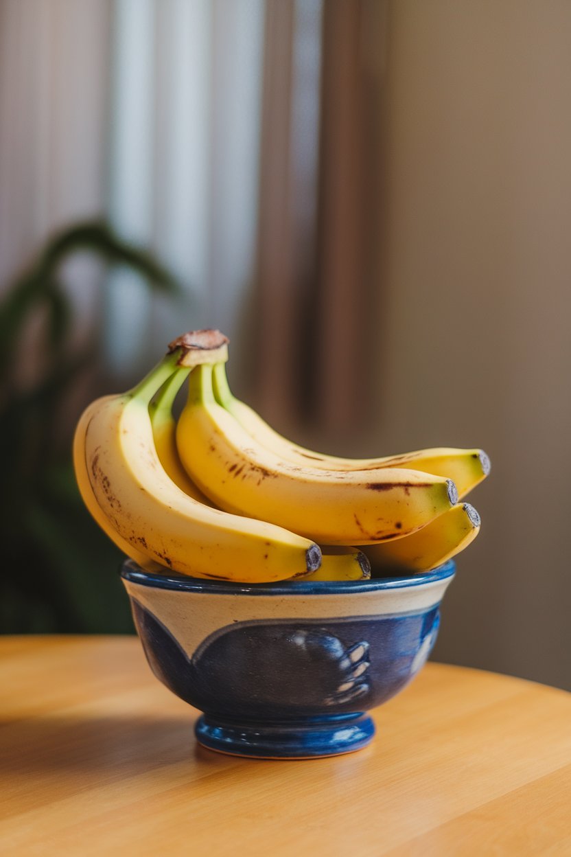 Photo of a bunch of ripe bananas resting on a ceramic fruit bowl indoors, even lighting, no text or logos