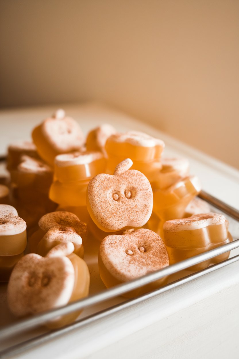 Photo of indoor tray of small apple-shaped cider gummies dusted lightly with cinnamon, no text or logos.