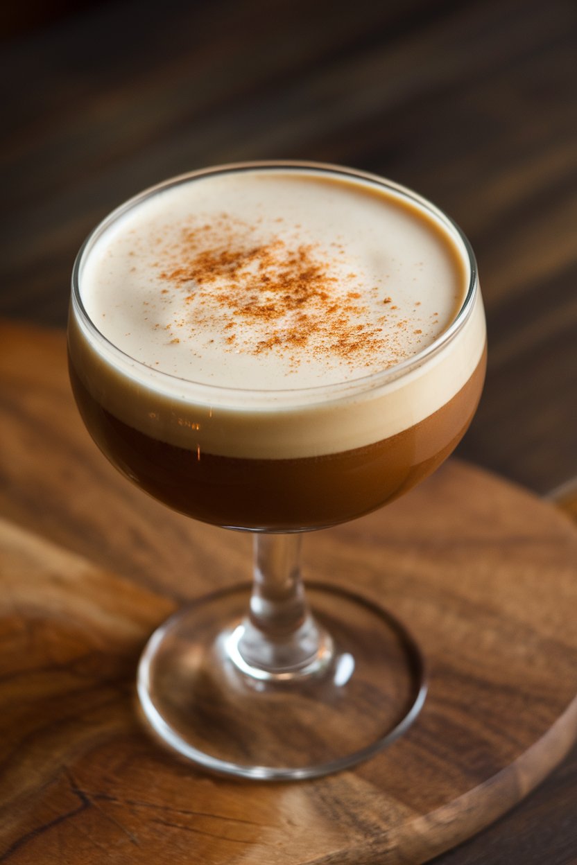 Indoor stemmed glass of creamy rum espresso flip, grated nutmeg on top. No branding present.