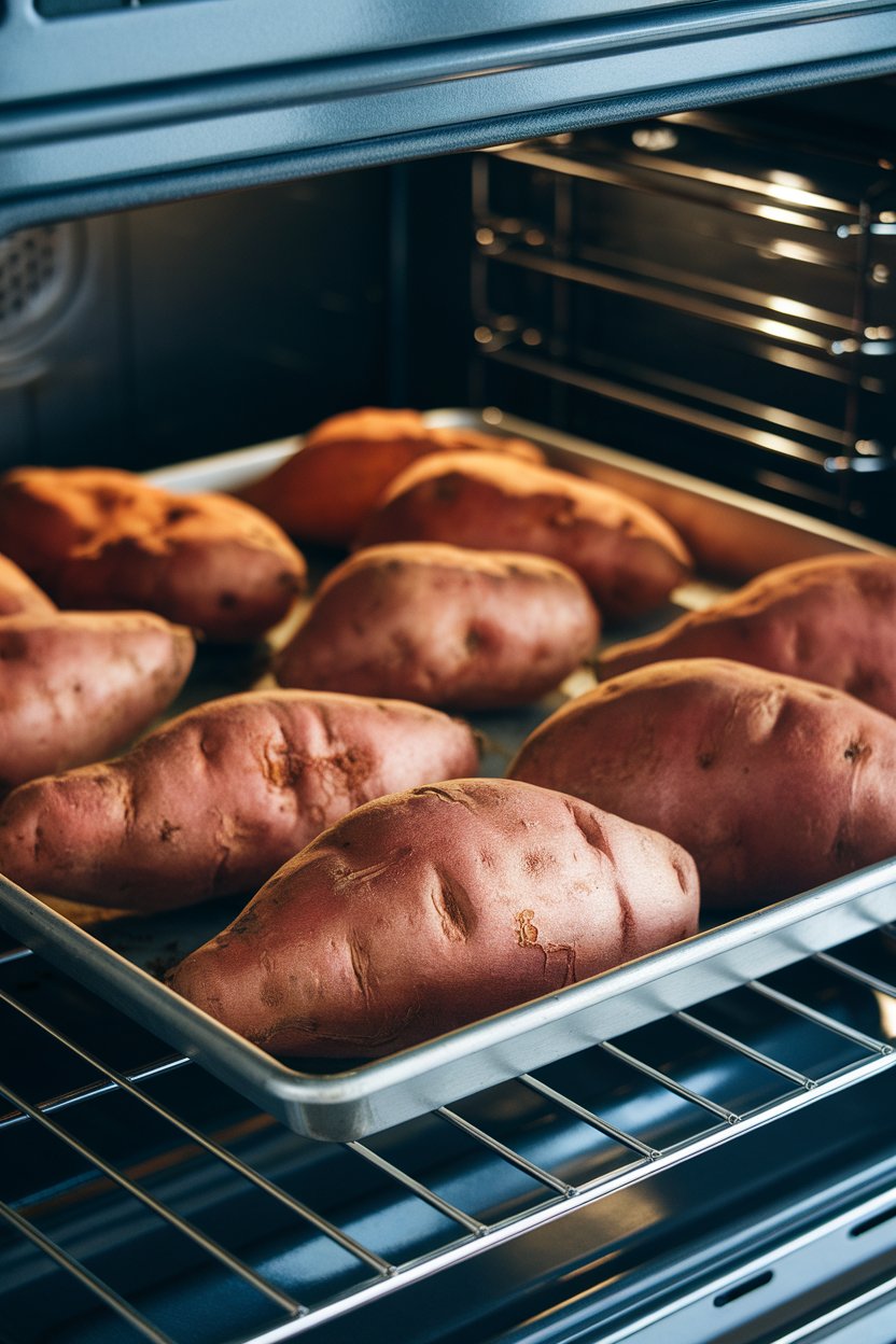 Indoor oven rack photo with a sheet pan of whole sweet potatoes baking, skin slightly blistered, no text or logos.