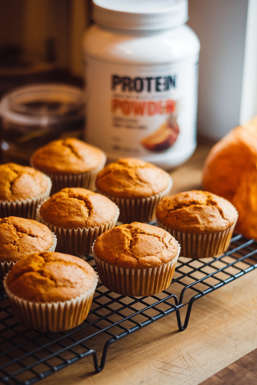 Photo of indoor cooling rack with pumpkin spice muffins, protein powder container cropped out of frame, no text or logos.
