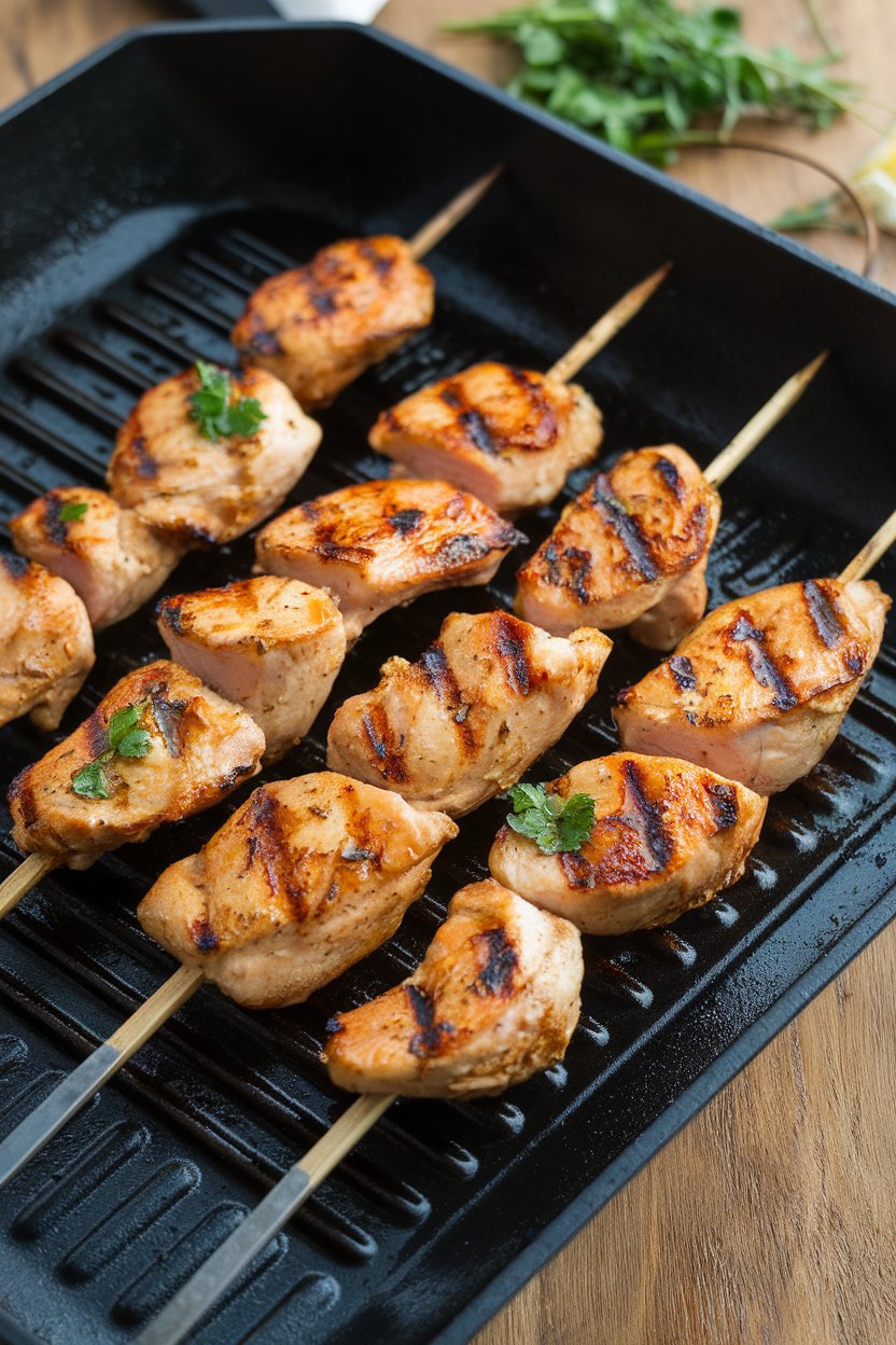Indoor grill pan with skewers of cooked chicken breast glazed with coconut milk and lime, slight char marks visible. No text or logos present.