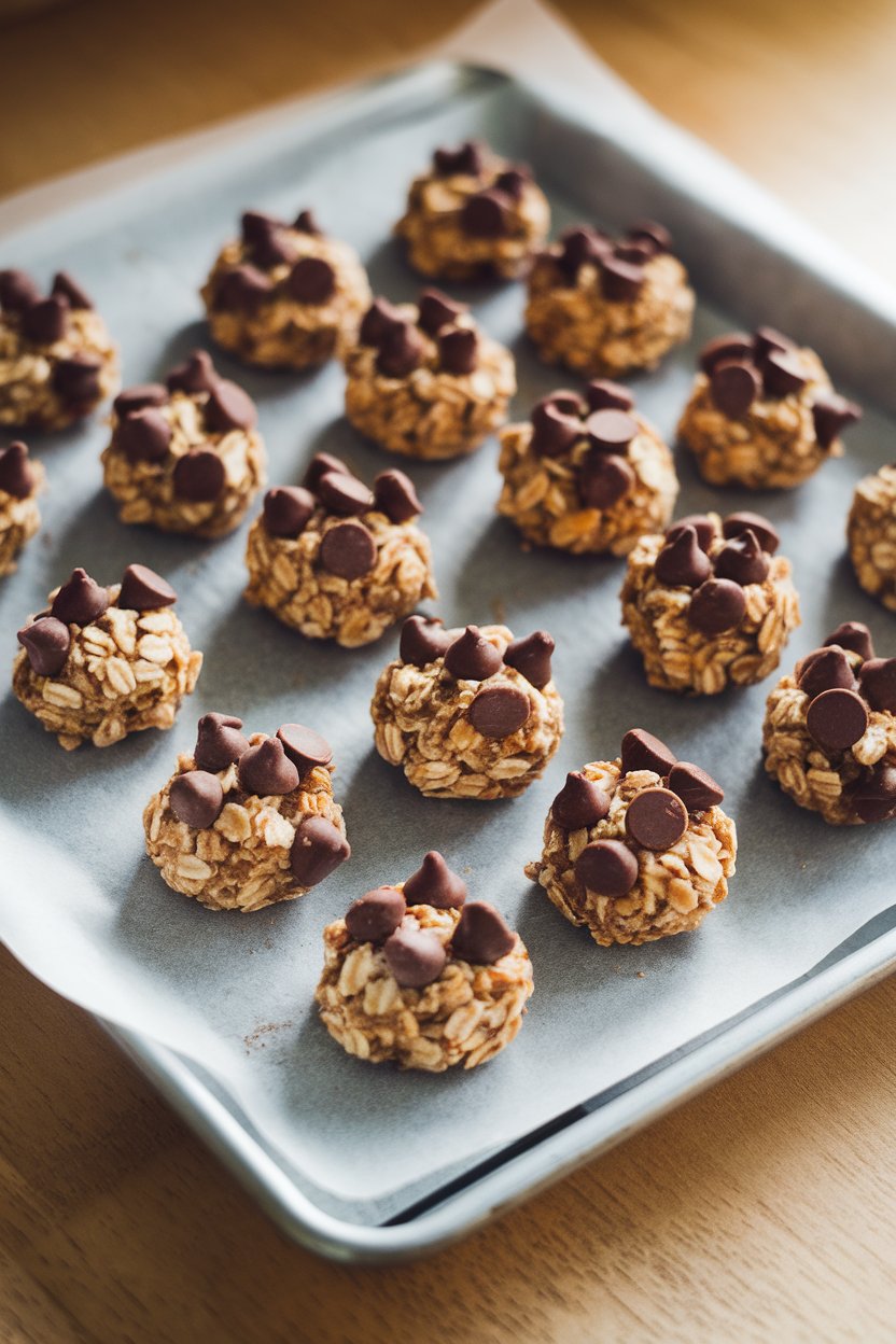 An indoor baking sheet lined with parchment, holding round oat-based energy bites studded with chocolate chips. Soft side lighting, no text or logos.
