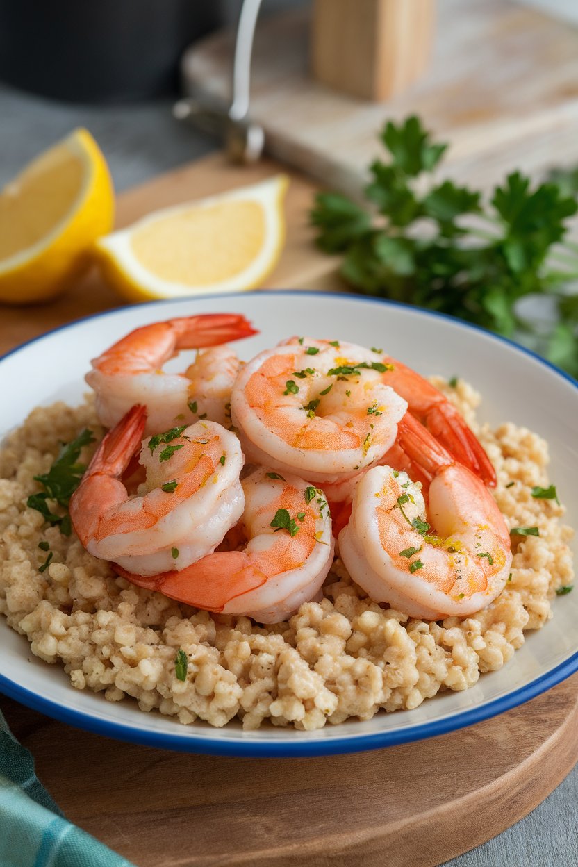 An indoor plate of seared shrimp seasoned with lemon zest and garlic atop fluffy whole-wheat couscous with parsley; no text or logos; photo.