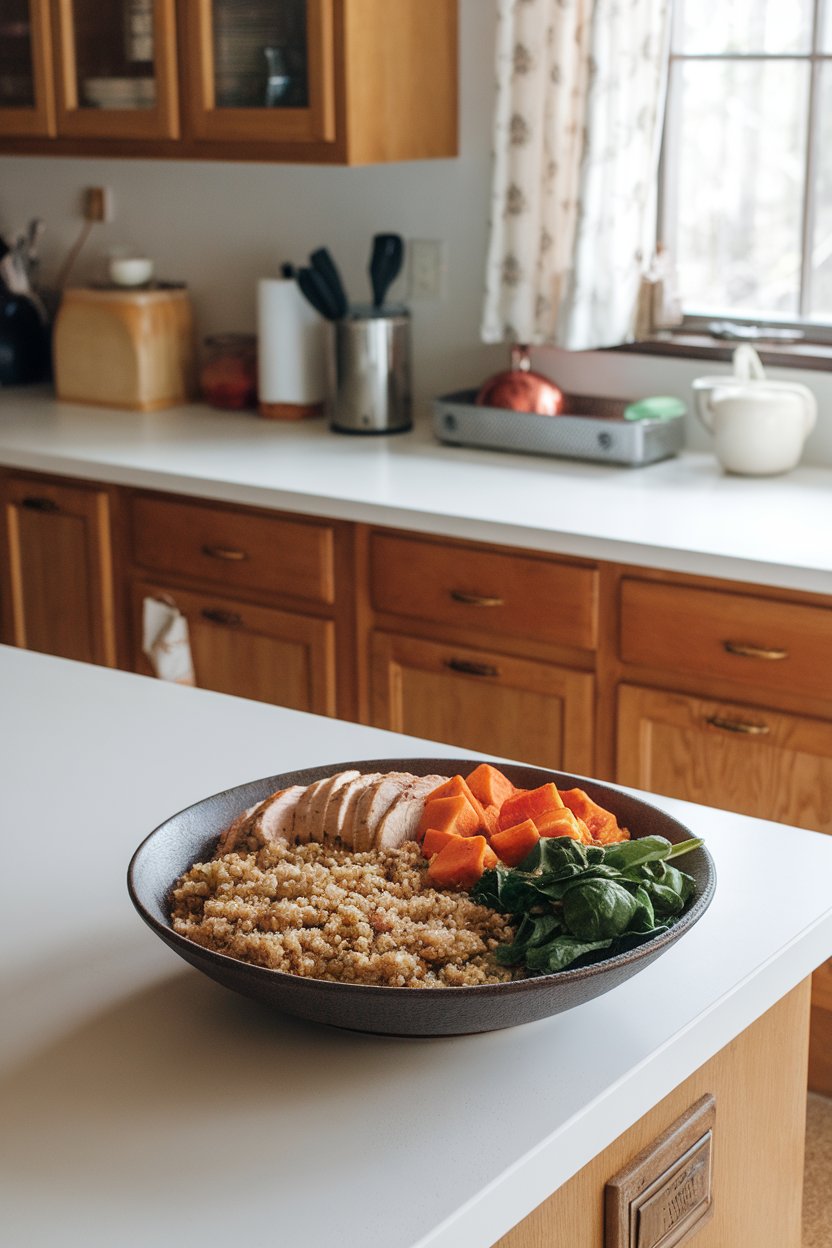 Photo of an indoor kitchen island with a wide bowl containing quinoa, sliced grilled chicken, roasted sweet potato, and spinach, no text or logos