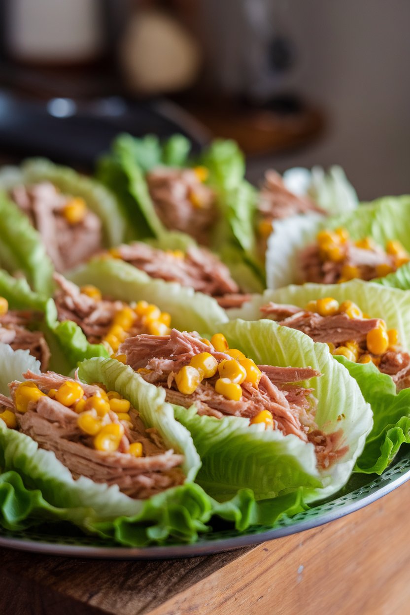 A platter of crisp lettuce leaves filled with shredded BBQ turkey and corn relish. Soft indoor light, no text or logos.