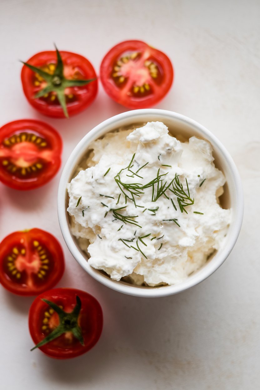 An indoor snack cup containing cottage cheese sprinkled with dill beside cherry tomato halves. No text or logos present. Photo only.