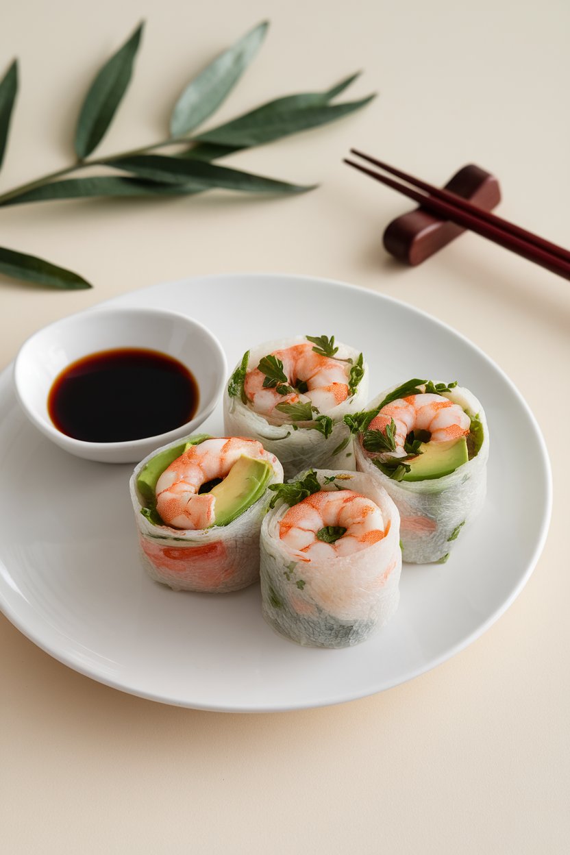 Photo of an indoor plate displaying sliced rice paper rolls filled with cooked prawns, avocado, and herbs; small dipping bowl of soy sauce; no text or logos