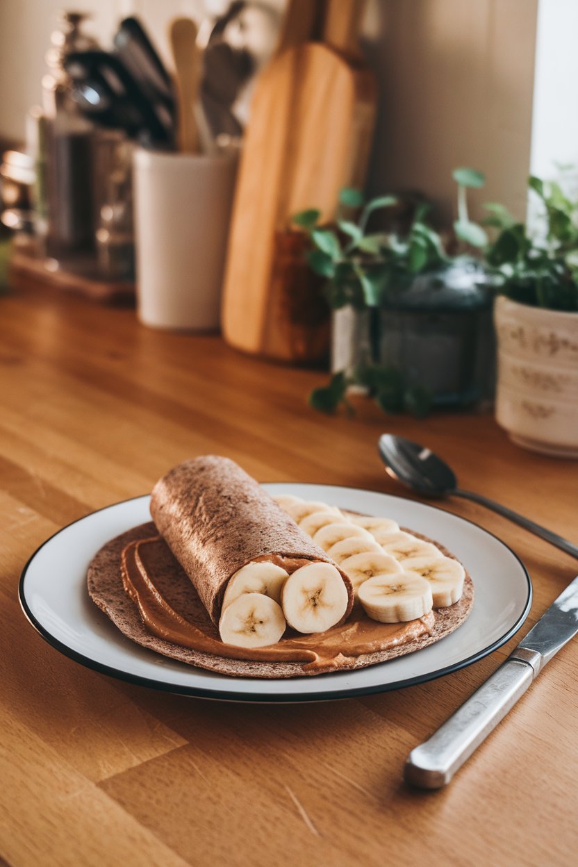 A warmly lit indoor kitchen counter featuring a halved whole-grain tortilla spread with creamy almond butter and neatly arranged banana slices, rolled up and cut on the bias. No text or logos. Photo, not illustration.