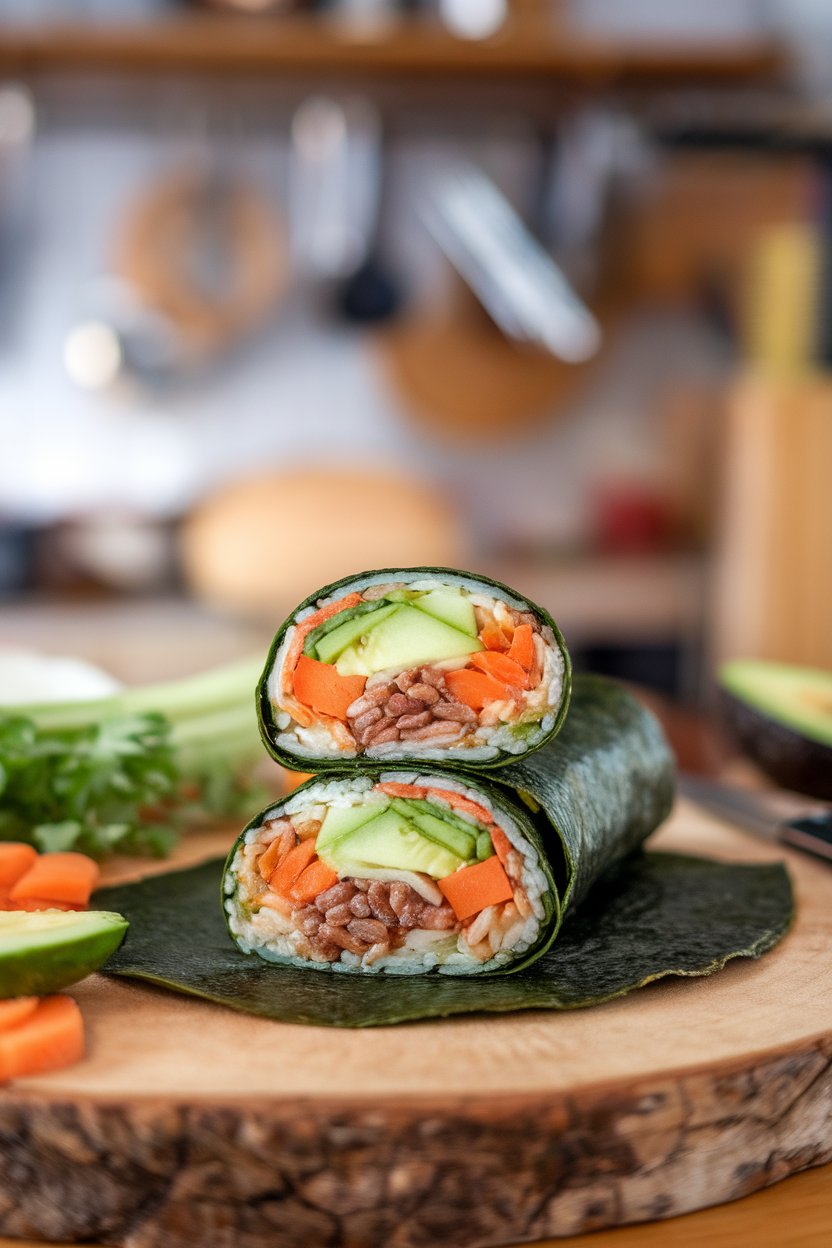 Indoor shot of a wrap cut sushi-style, revealing layers of cucumber, carrot, avocado, and brown rice in a nori-lined tortilla. No logos or text.