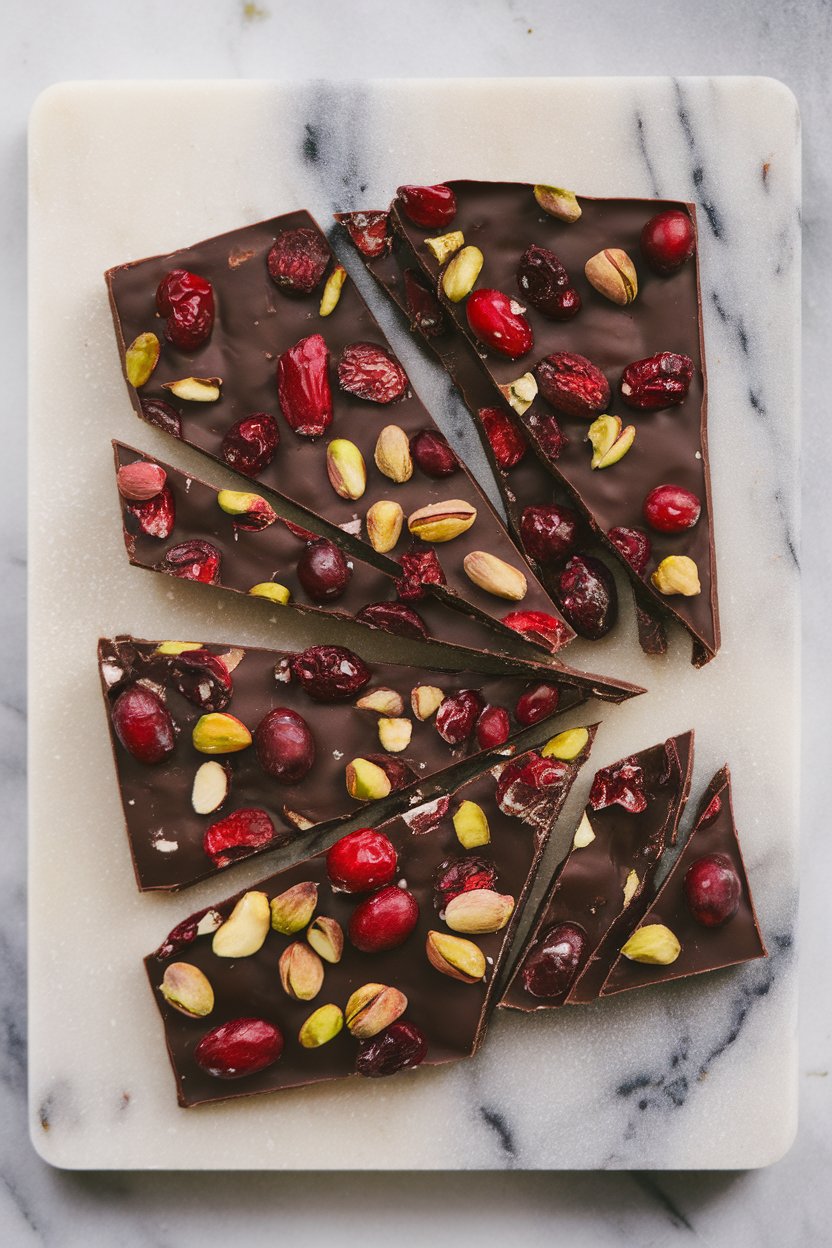 A slab of dark chocolate bark on a marble board, studded with cranberries and pistachios, broken into shards. No text or logos.