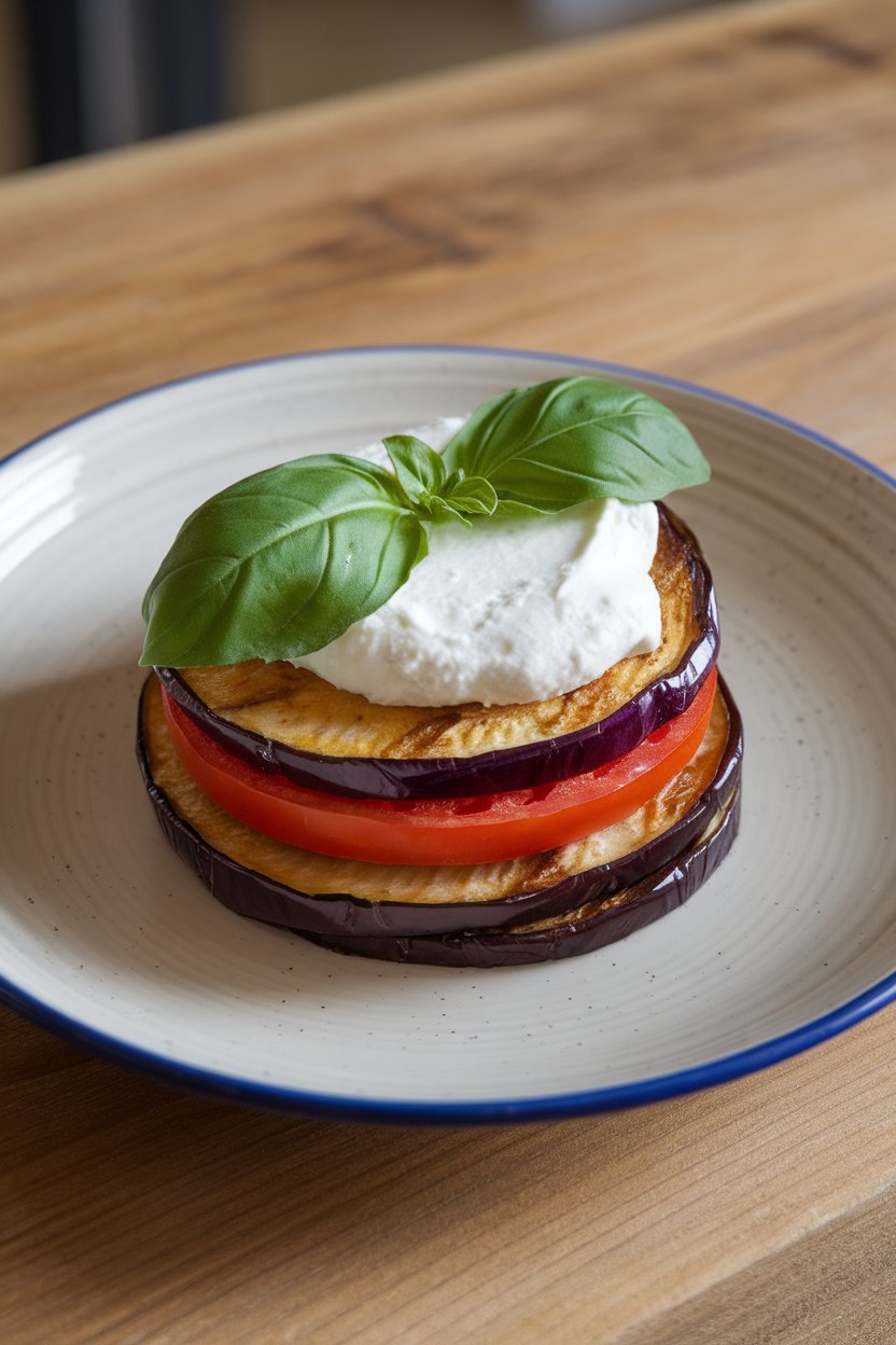 Indoor plate with layered rounds of roasted eggplant, fresh tomato, and a dab of ricotta, basil leaf on top. No text or logos present.