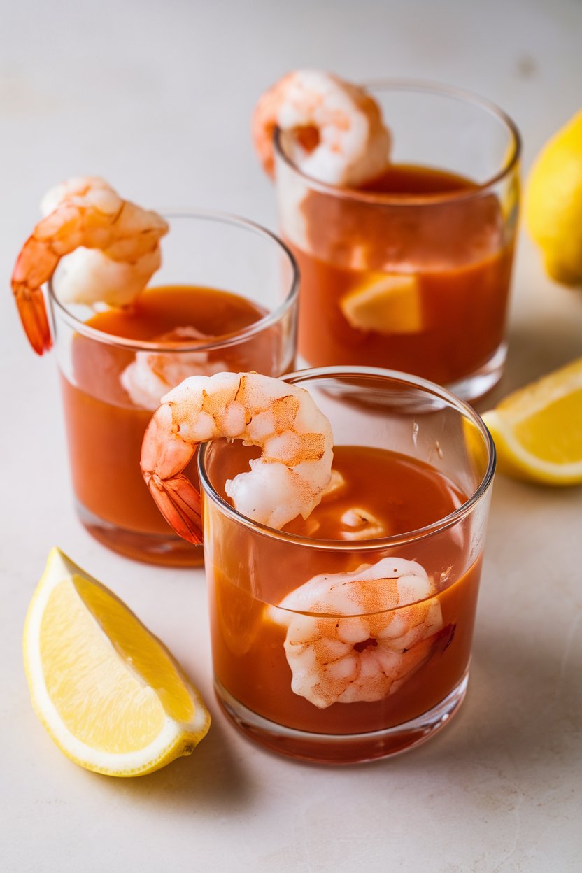 Clear indoor glasses each holding a scoop of cocktail sauce and a curled cooked shrimp on the rim, lemon wedges nearby. No text or logos. Photo.
