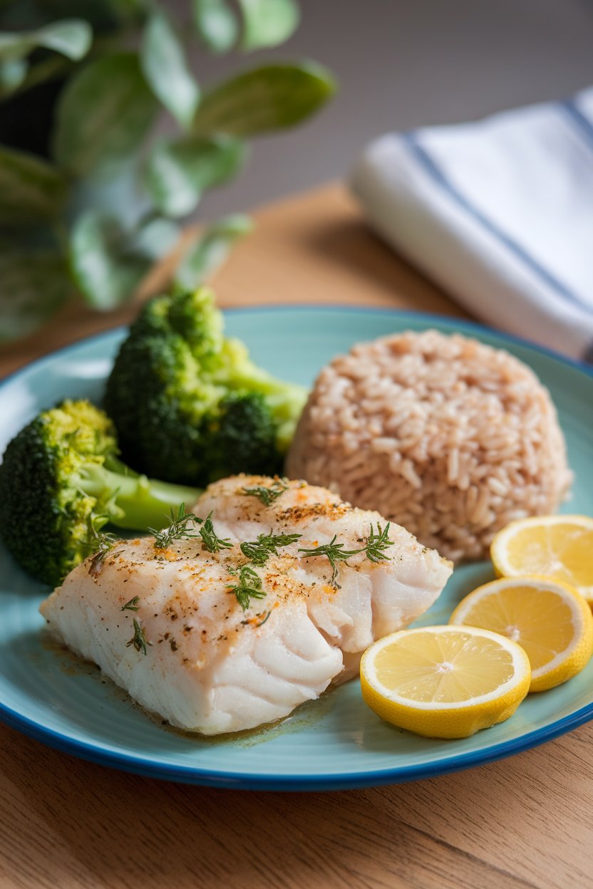 Photo of an indoor dinner plate showing a flaky baked cod fillet with lemon slices beside a scoop of brown rice and steamed broccoli, no text or logos