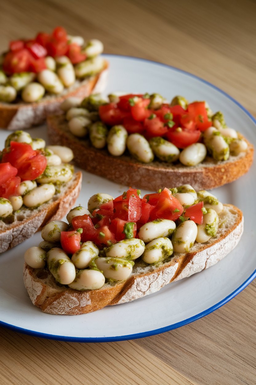 An indoor appetizer plate with whole-grain baguette slices topped with pesto-marinated white beans and diced tomatoes; no text or logos; photo.
