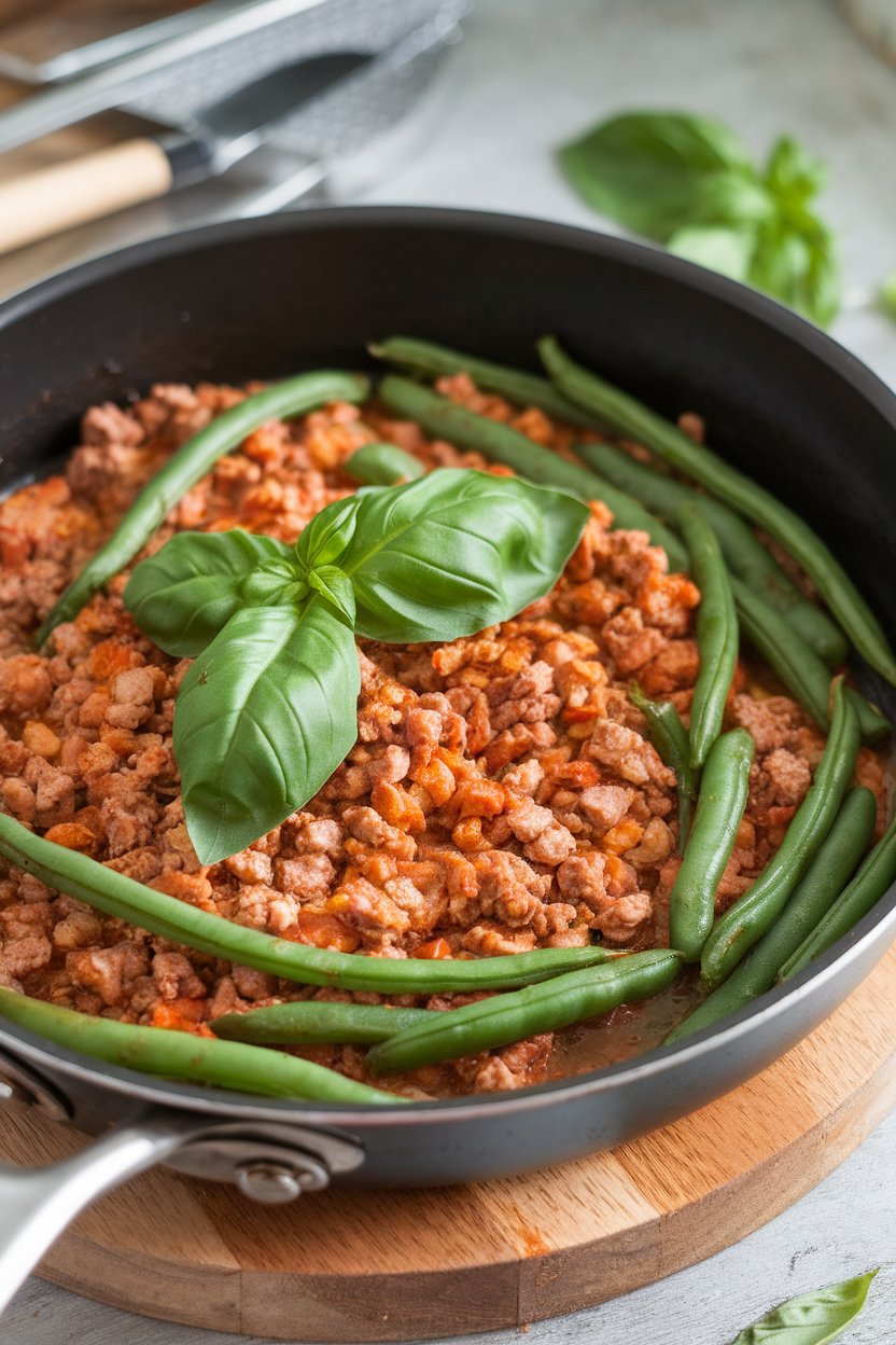 Indoor skillet with cooked ground turkey, green beans, and fresh basil leaves glistening in a savory sauce. No text or logos.