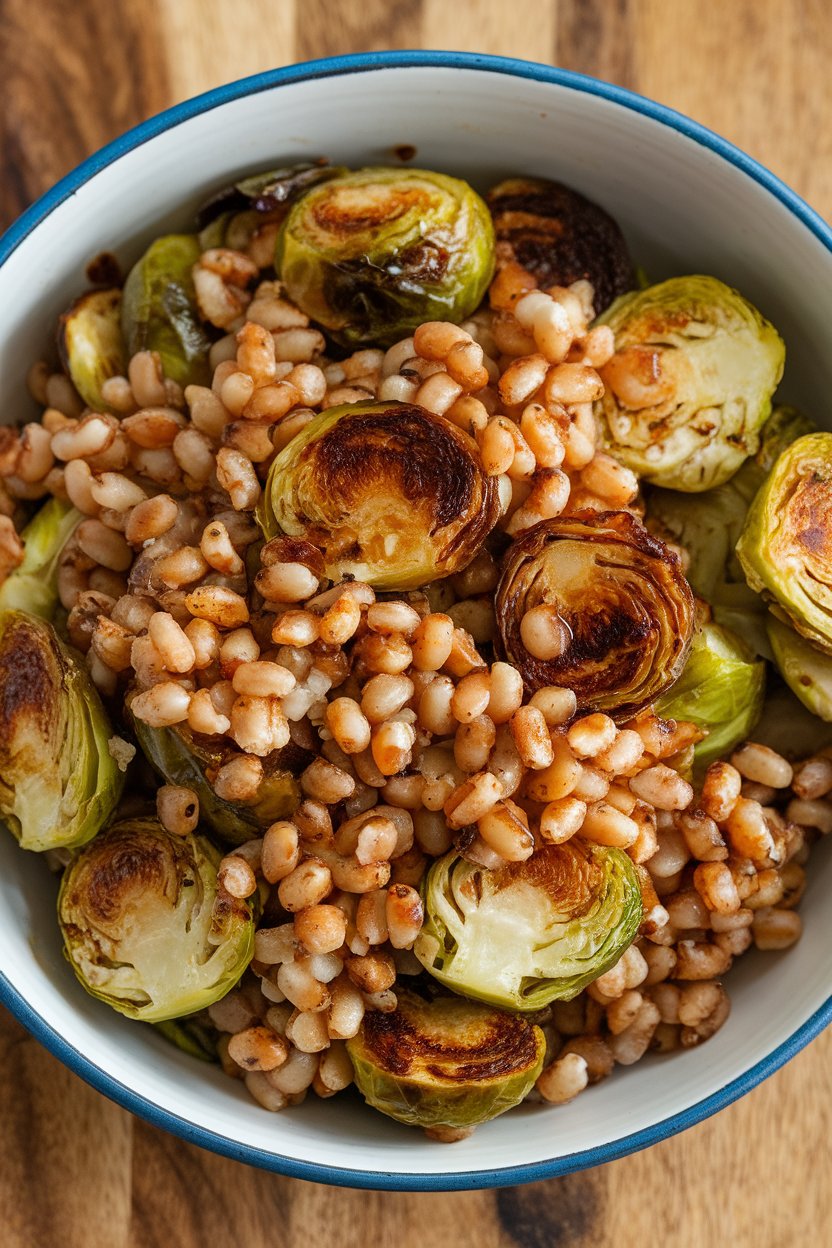 Indoor table shot of a shallow bowl containing roasted Brussels sprouts mixed with cooked farro and a glossy maple-mustard glaze. No text or logos.