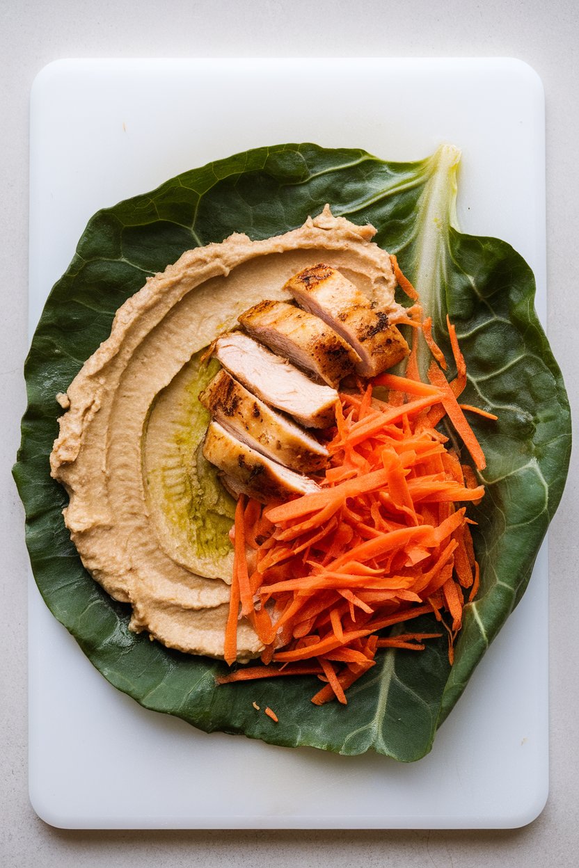 An indoor cutting board with a large collard green leaf spread with hummus, grilled chicken strips, and shredded carrots before rolling. No text or logos. Photo, not illustration.