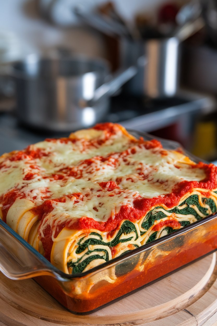 An indoor casserole dish displaying lasagna noodles rolled around ricotta and spinach, marinara spooned over, cheese melted. No text or logos. Photo.