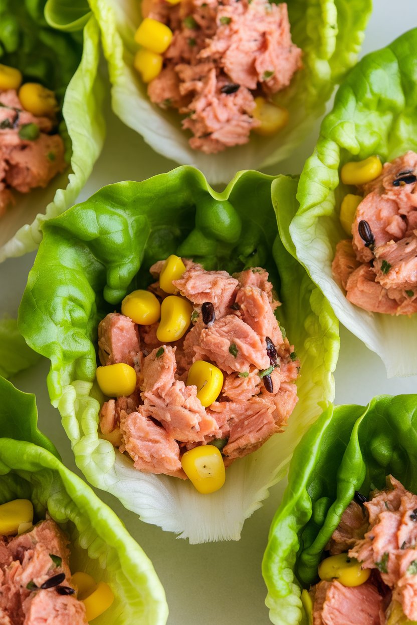 Butter lettuce cups filled with chili-lime seasoned tuna, corn, and bell pepper; indoor photo, no text or branding.