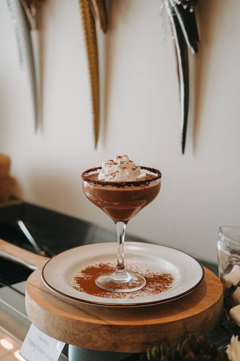 An indoor dessert bar with a martini glass of glossy Chocolate Martini, shaved chocolate on foam. No text or logos.