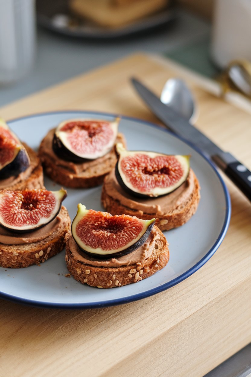 Indoor plate with small whole-grain toast rounds spread with almond butter and topped with fig slices. No text or logos.