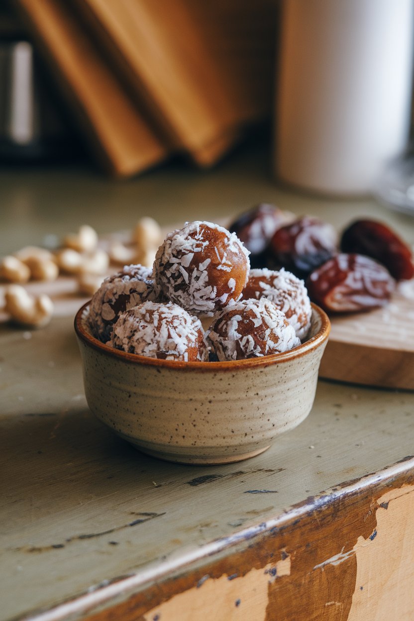 Small ceramic bowl indoors holding round cashew and date energy bites rolled in shredded coconut. No text or logos.