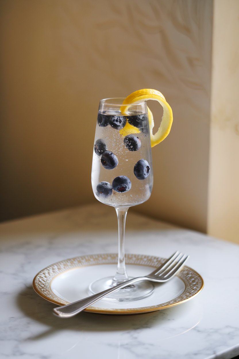 A photo of an indoor tabletop with a flute of sparkling water studded with whole blueberries and a twist of lemon peel; no text or logos, soft directional light.