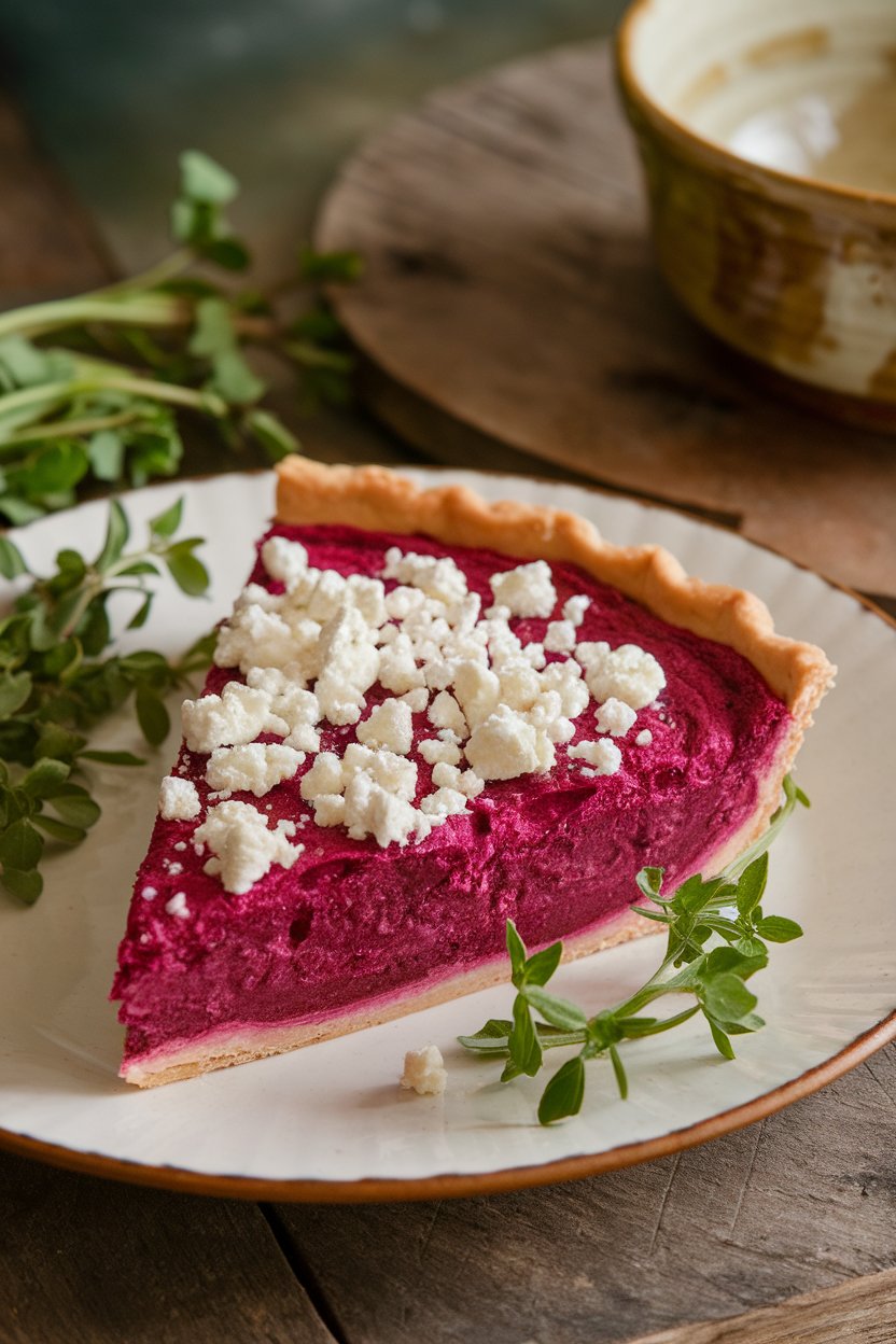 Indoor image of vibrant magenta beet quiche slice topped with goat cheese crumbles, no text or logos.