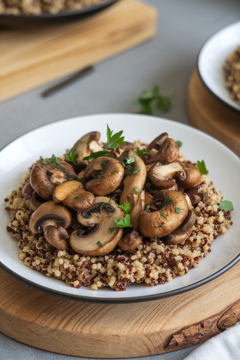 Indoor photograph of sautéed mixed mushrooms over quinoa with garlic herbs and parsley garnish. No text or logos.